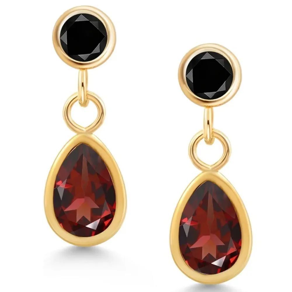 14K Yellow Gold with 1.18 Cttw Garnet and Black Diamond Post Back Drop Earrings